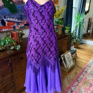 Vintage Purple Sequined Lace Cocktail Dress with Fringe
